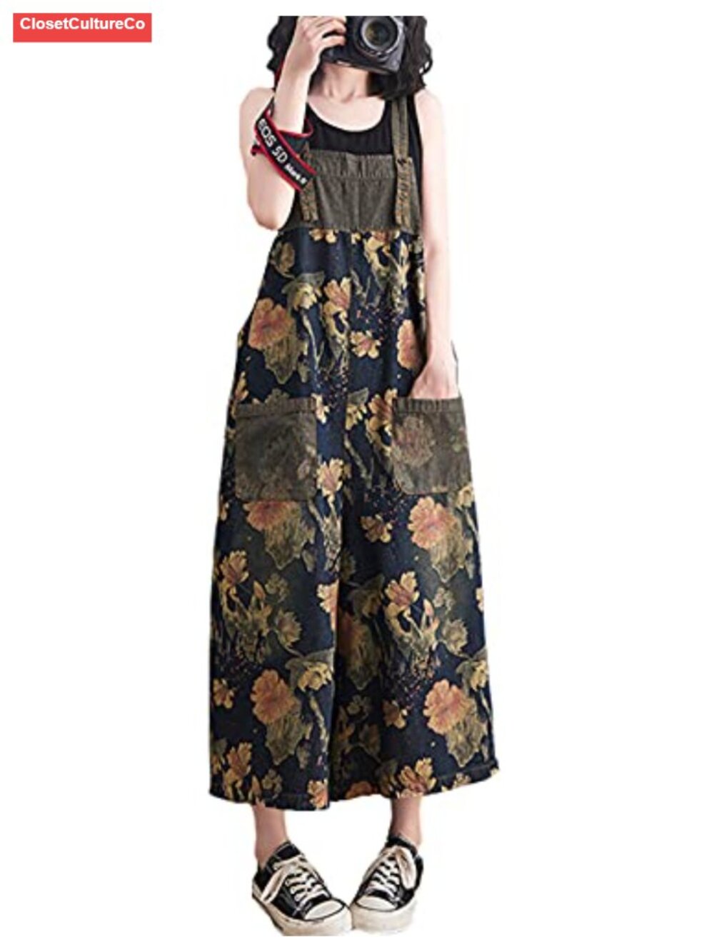 Floral Print Denim Overalls Baggy Jumpsuit with Pockets Loose Fit